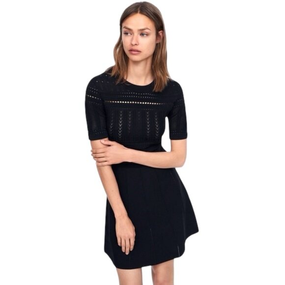 Zara Black Open Knit A-Line Dress Size Medium Cocktail Edgy Dark Academia - Picture 12 of 16